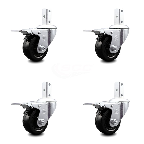 3.5 Inch Hard Rubber Swivel 7/8 Inch Square Stem Caster Set Total Lock Brake SCC